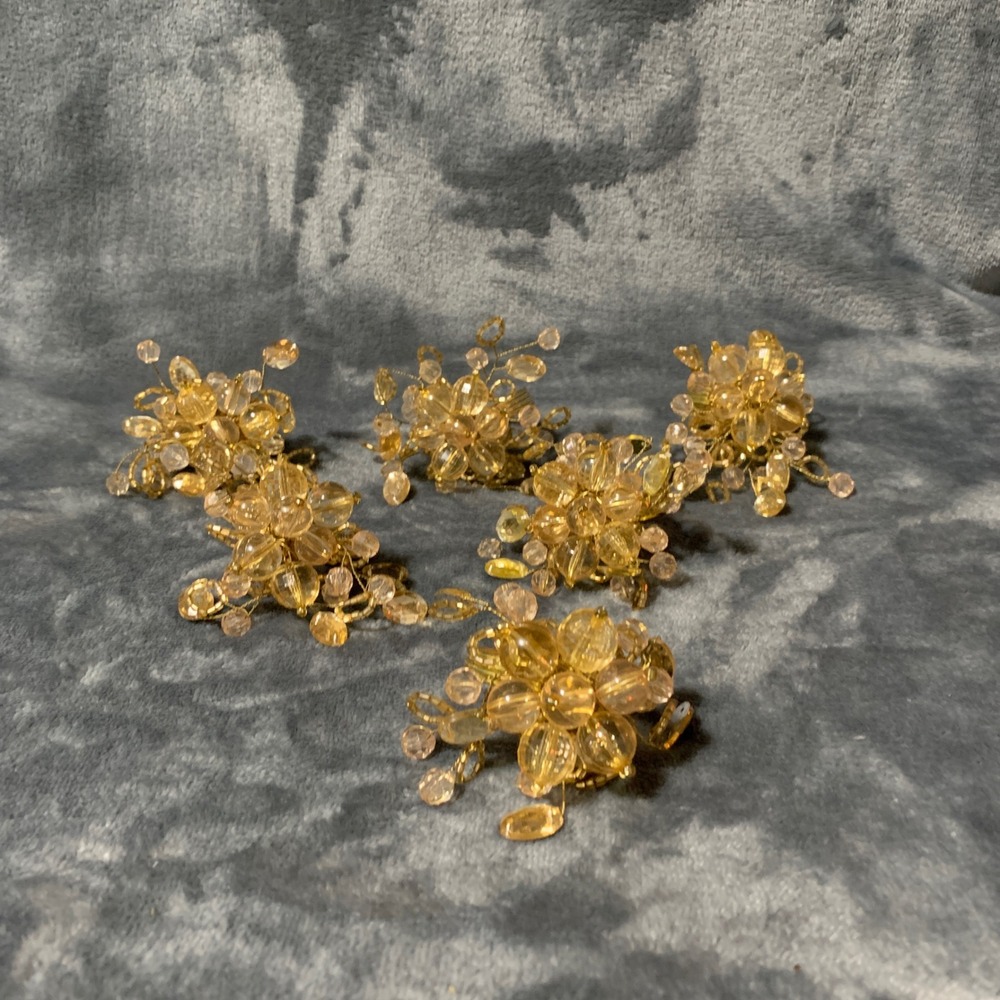 Beaded Napkin Rings Set of 6 Floral Amber Gold Fall Decor EUC